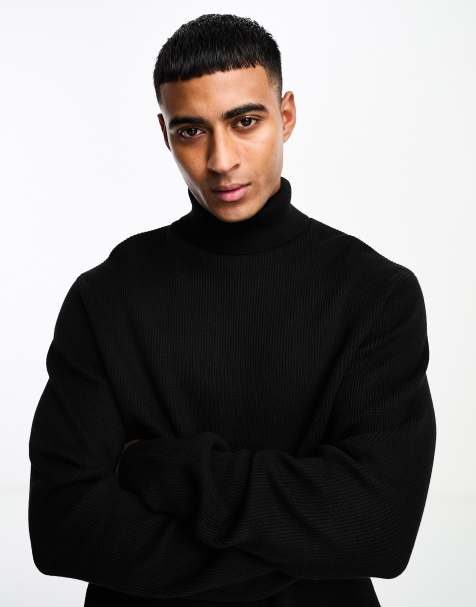 ONLY & SONS roll neck ribbed jumper in black - view 1