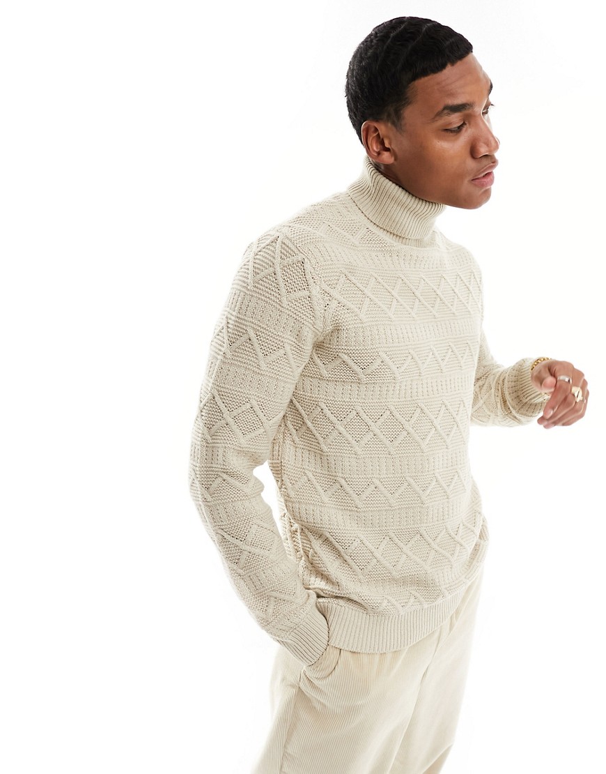 Only & Sons Roll Neck Cable Knit Sweater In Ecru-white