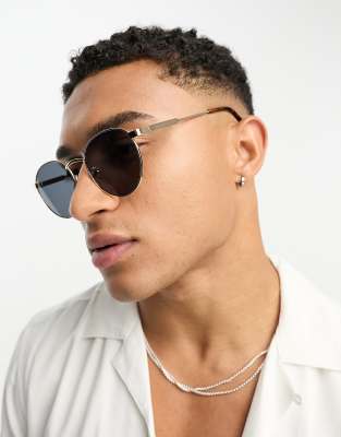 Only & Sons Round Sunglasses In Gold