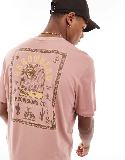 Only & Sons – Różowy T-shirt o regularnym kroju z nadrukiem z napisem „Arrowhead” na plecach i efektem sprania