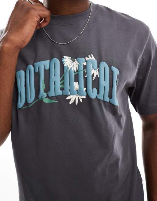Only Sons Ruimvallend T shirt met botanische print in donkergrijs