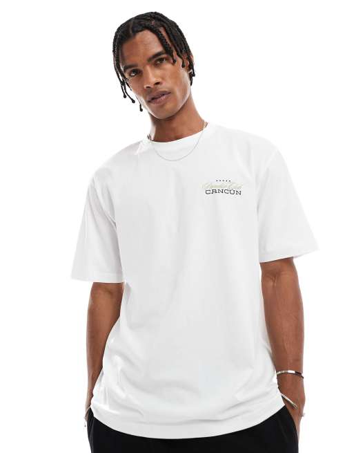 ONLY & SONS - Ruimvallend T-shirt met Cancun-print op de achterkant in wit, 2 van 4