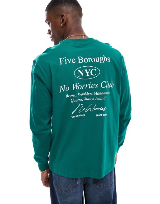 Only Sons Ruimvallend T shirt met lange mouwen en NYC opdruk in groen ASOS