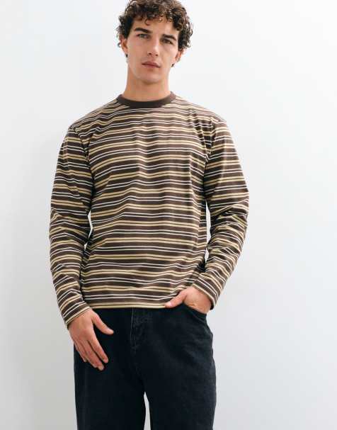 ONLY & SONS ruimvallend T-shirt met ronde hals en lange mouwen in bruine en crème strepen - view 1