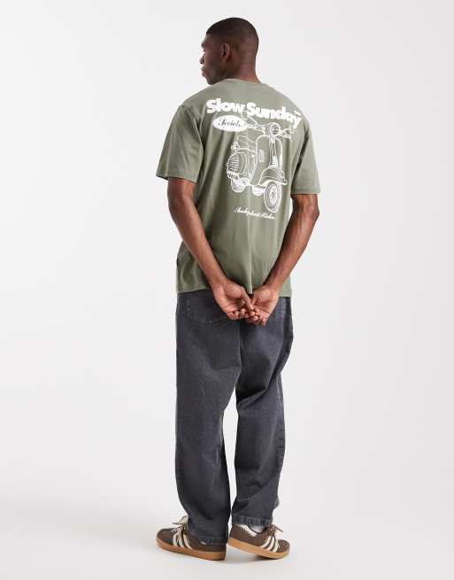 ONLY & SONS - Ruimvallend T-shirt met scooterprint op de achterkant in kaki, 2 van 5