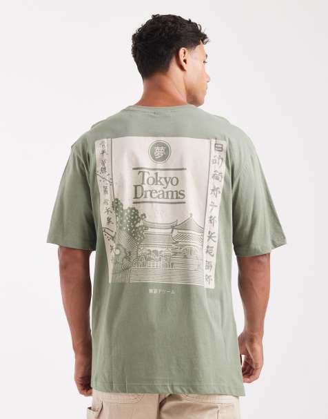 Only & Sons - Ruimvallend T-shirt met Tokyo-print op de achterkant in saliegroen - view 1