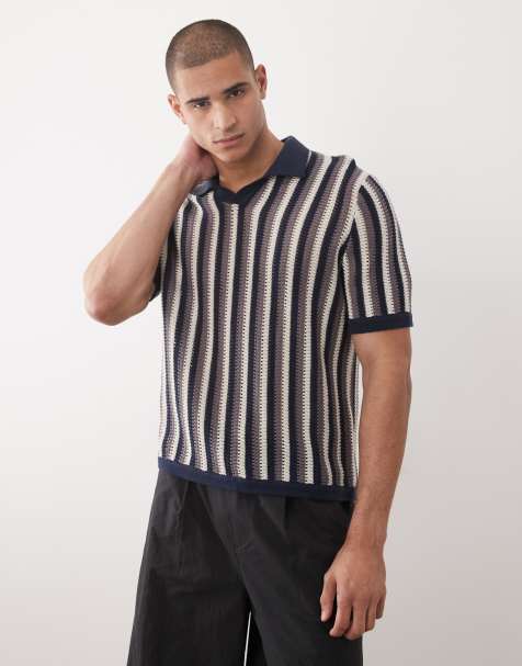 Only & Sons - Ruimvallende gebreide gestreepte polo met split in de hals in beige en blauw - view 1