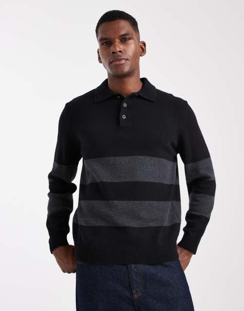 Only & Sons - Ruimvallende gebreide polo met lange mouwen in zwart en grijze strepen - view 1