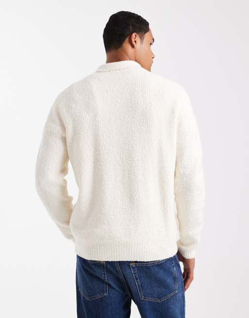 ONLY & SONS - Ruimvallende gebreide polotrui in vissersstijl in crème, 3 van 5
