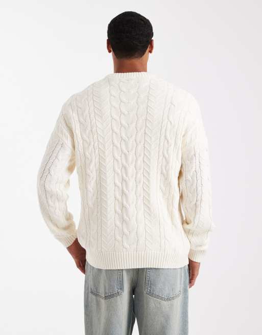 ONLY & SONS - Ruimvallende gebreide trui met kabels in crème, 3 van 5