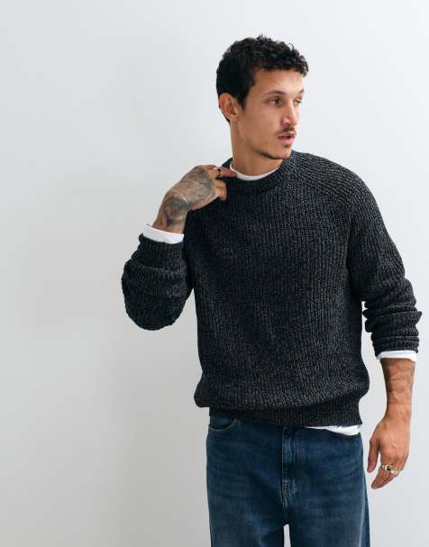 ONLY & SONS ruimvallende knit trui met raglanmouwen en ronde hals in zwart gemêleerd - view 1