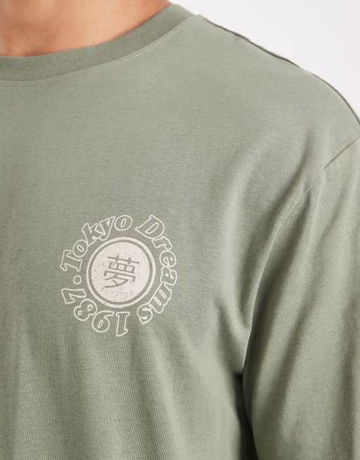 ONLY & SONS – Salviagrön, avslappnad t-shirt med Tokyo-tryck baktill, 5 av 5