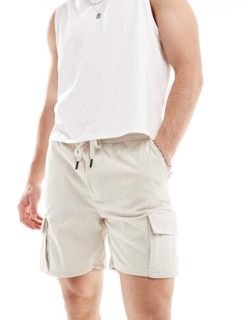 ONLY & SONS – Schlupfshorts in Creme aus Cord mit Cargotaschen