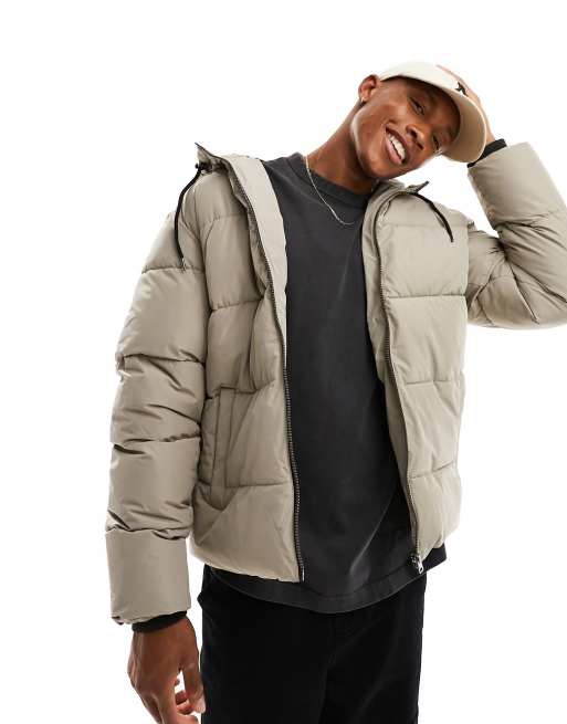 Only & Sons – Schwere Steppjacke in Beige mit Kapuze