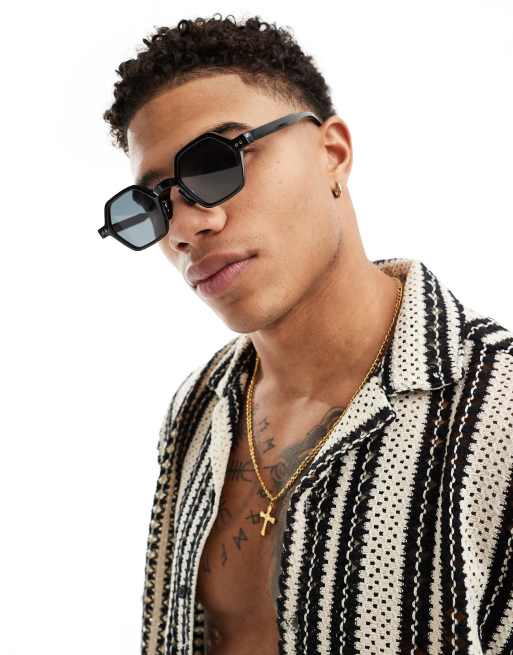 Only & Sons – Sechseckige Sonnenbrille in Schwarz