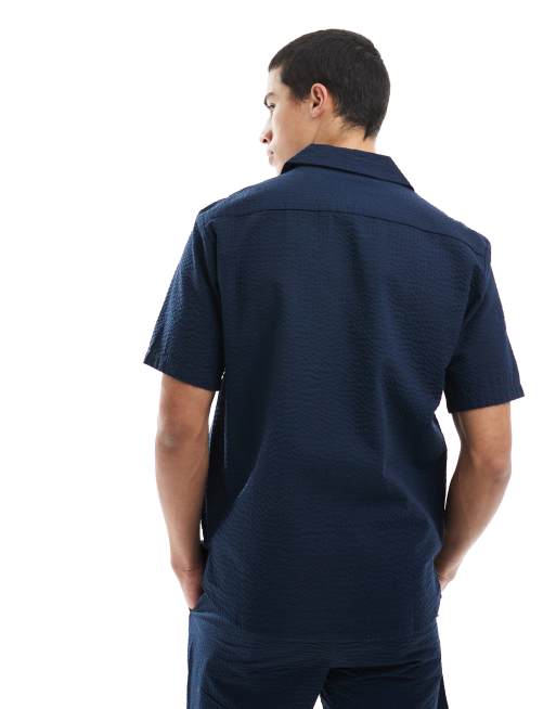 ONLY & SONS seersucker shirt in dark navy (part of a set), 3 of 4