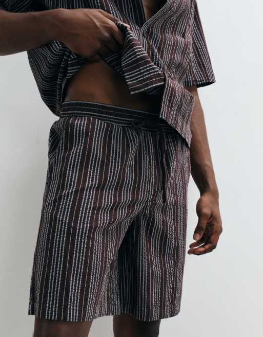 ONLY & SONS seersucker shorts co-ord in dark brown and blue stripe, 2 of 5