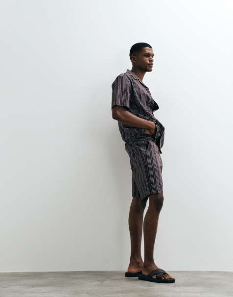 ONLY & SONS seersucker shorts in dark brown and blue stripe (part of a set) - view 1