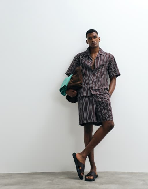 ONLY & SONS seersucker shorts in dark brown and blue stripe - part of a set, 4 of 5