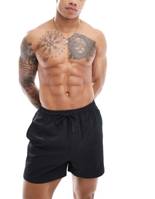 ONLY & SONS seersucker swim shorts in black