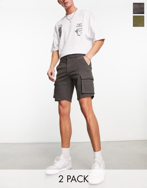 Only & Sons - Set van 2 slim-fit cargoshort in zwart met wassing en kaki