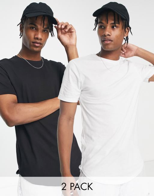 Only & Sons - Set van 2 T-shirts met lange pasvorm en ronde zoom in zwart en wit
