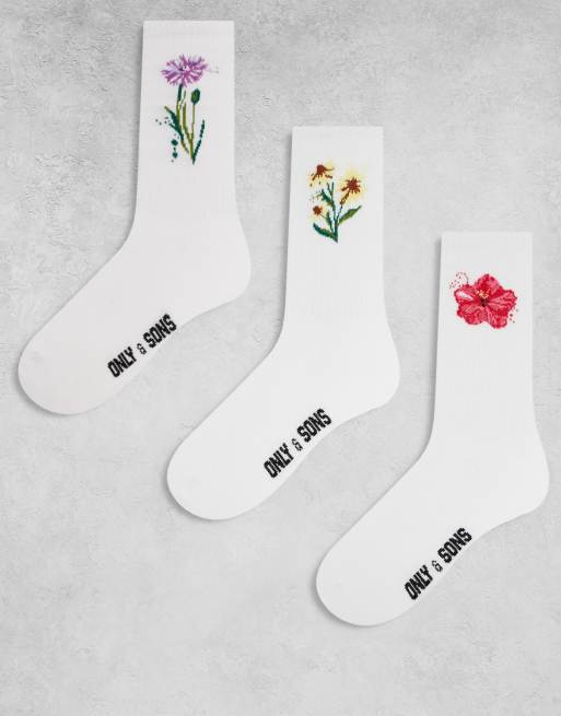 ONLY & Sons - Set van 3 paar tennissokken met kleine bloemen in wit
