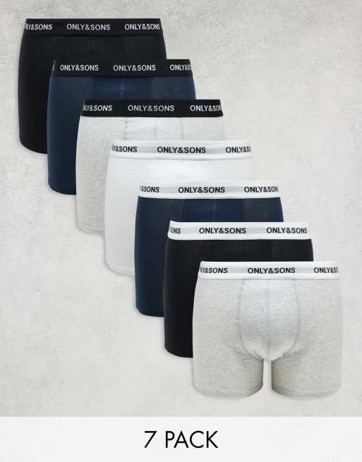ONLY & SONS - Set van 7 paar boxershorts in zwart, grijs, marineblauw en wit