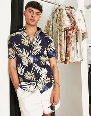 Only & Sons shirt with palm & pineapple print in navy
