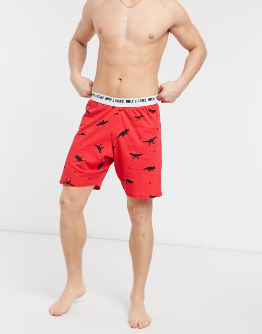 Only & Sons - Short confort à motif dinosaure avec taille griffée - Rouge