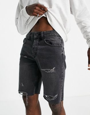 Homme Only & Sons - Short en jean à ourlet brut et déchirures - Noir délavé