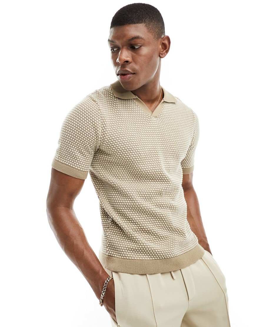short sleeve knit polo in beige with polka dot-Neutral