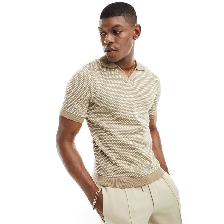 Only & Sons short sleeve knit polo in beige with polka dot | ASOS