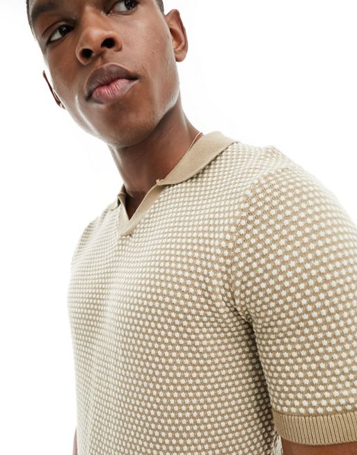 Only & Sons short sleeve knit polo in beige with polka dot