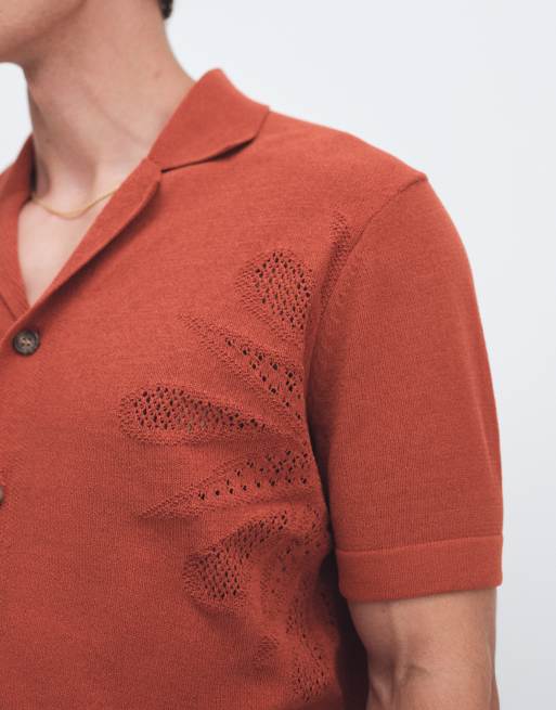 ONLY & SONS short sleeve knit shirt with floral detail in burnt red, 5 of 9