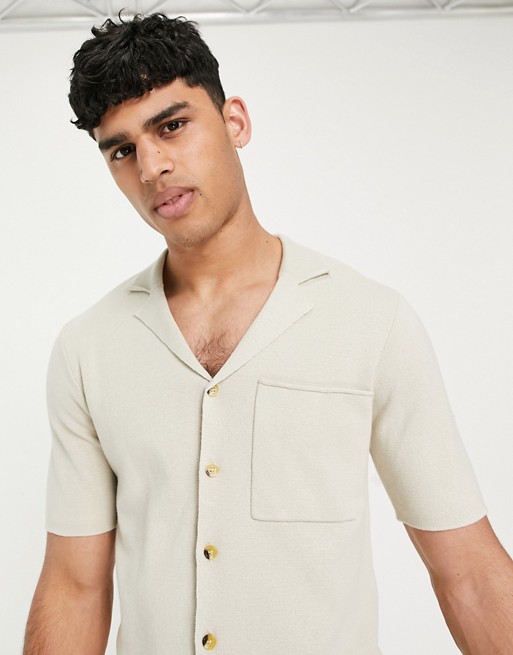 Only & Sons short sleeve knitted revere shirt in tan