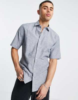 Only & Sons short sleeve linen blend shirt in navy | ASOS