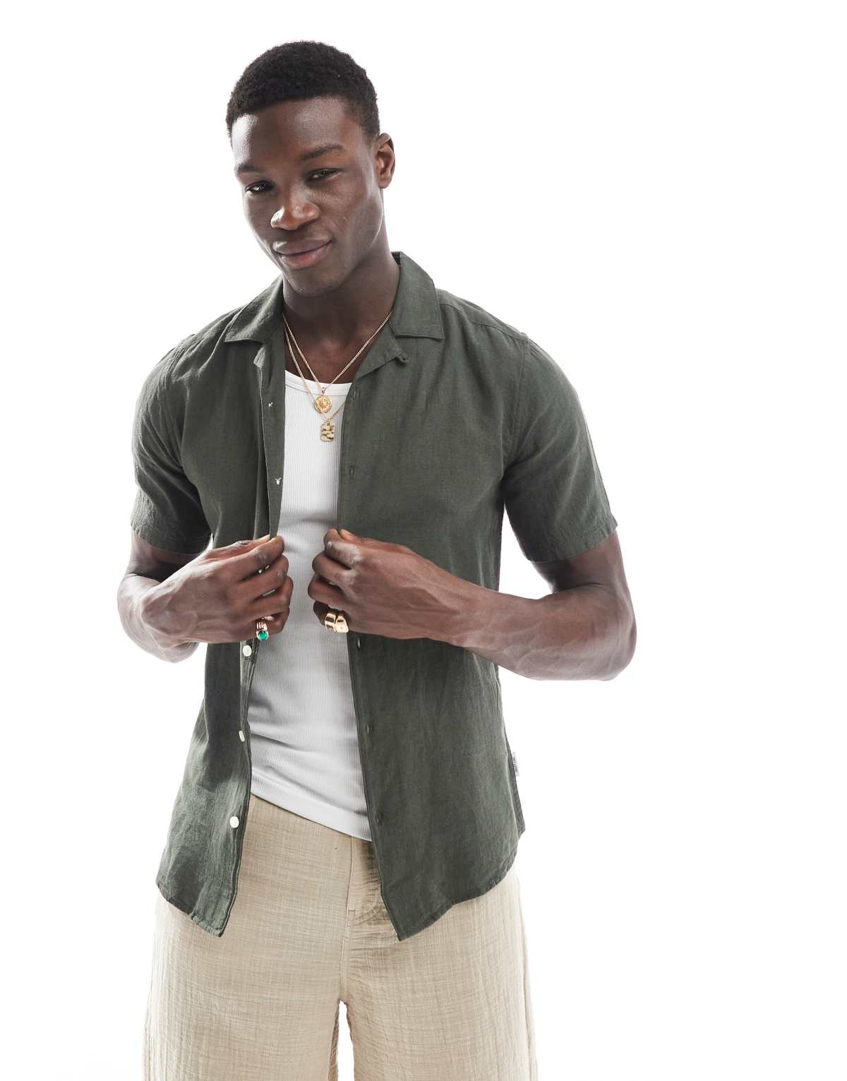 ONLY & SONS short sleeve linen mix rever collar shirt in dark green