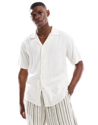 short sleeve linen mix textured shirt in ecru-White