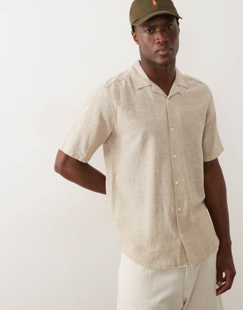 ONLY & SONS short sleeve linen mix textured shirt in taupe - part of a set - view 1