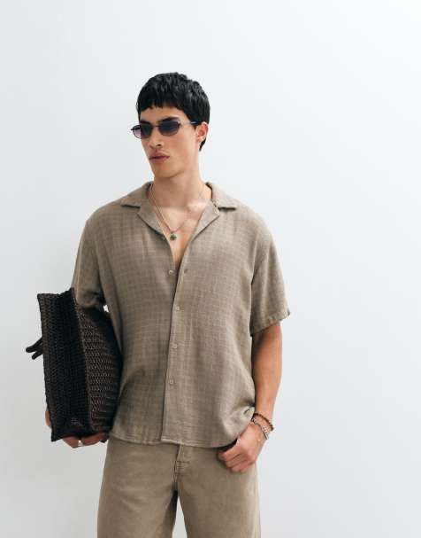 ONLY & SONS short sleeve linen textured shirt co-ord in taupe