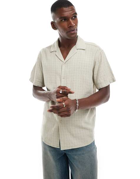 ONLY & SONS short sleeve linen textured shirt in beige - view 1