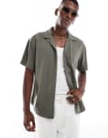 [ONLY & SONS] ONLY & SONS short sleeve linen textured shirt in khaki-Green XL Dusty olive