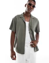 Jack & Jones camp collar linen look shirt in blue green stripe