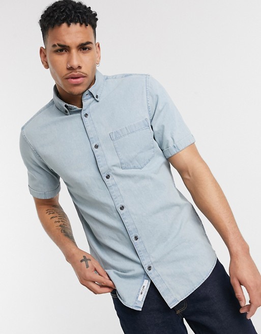 Only & Sons short sleeve one pocket denim shirt in light blue