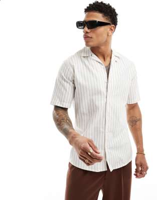 Only & Sons Short Sleeve Oxford Shirt In White With Beige Stripe-neutral