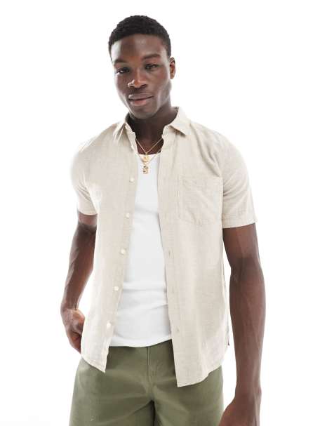 ONLY & SONS short sleeve regular fit linen mix shirt in beige - view 1