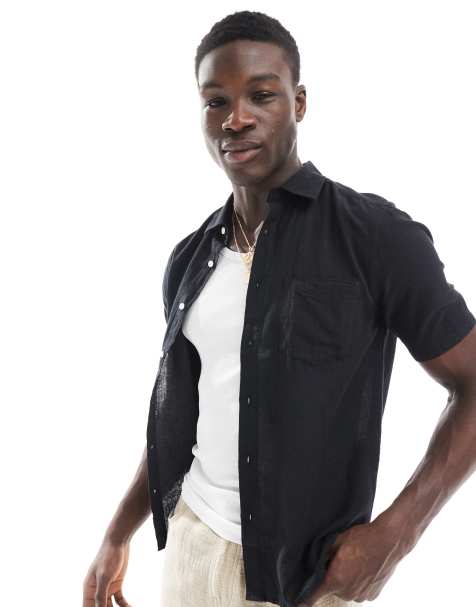 ONLY & SONS short sleeve regular fit linen mix shirt in black - view 1