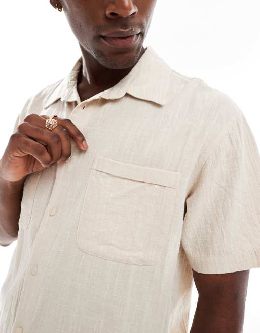 ONLY & SONS short sleeve resort collar shirt in beige, 3 of 4