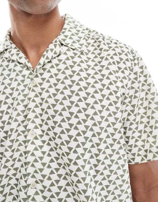 ONLY & SONS short sleeve resort shirt in white with green triangle print, 3 of 5